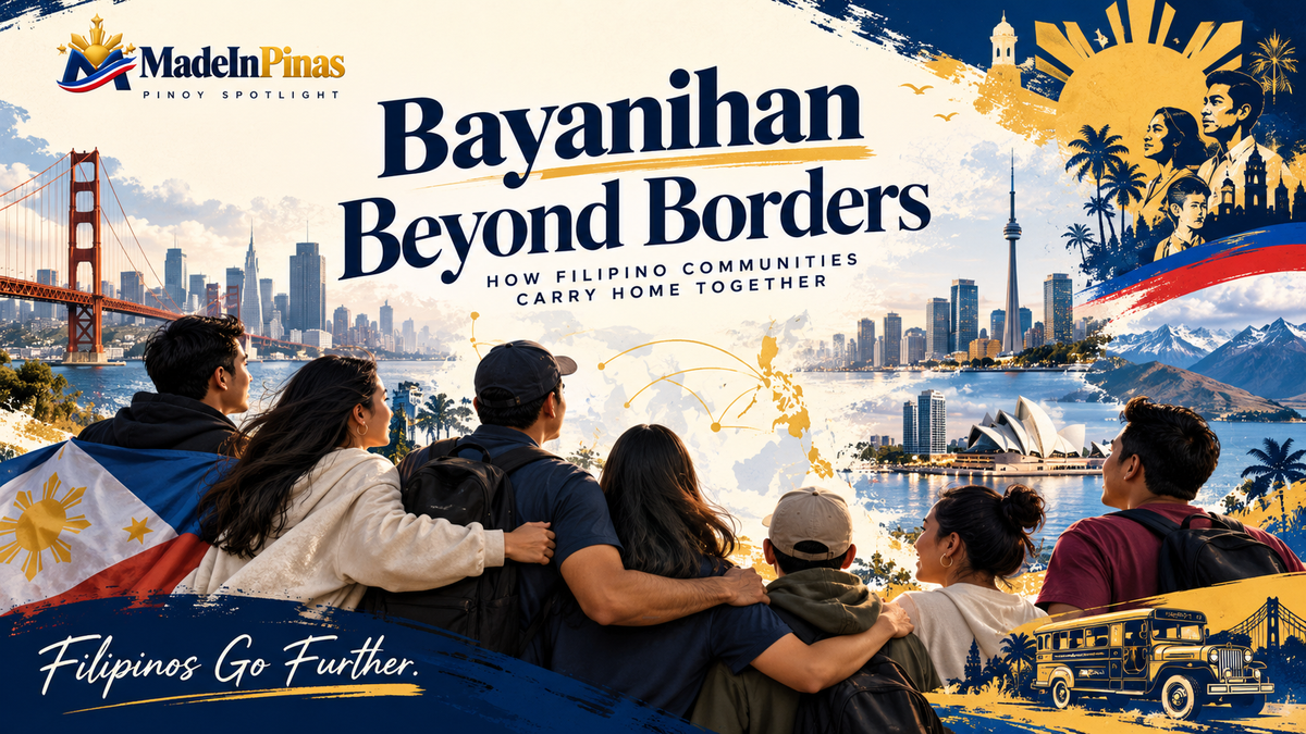 MadeInPinas Pinoy Spotlight illustration of Filipino communities across borders, representing bayanihan, shared heritage, and community strength.