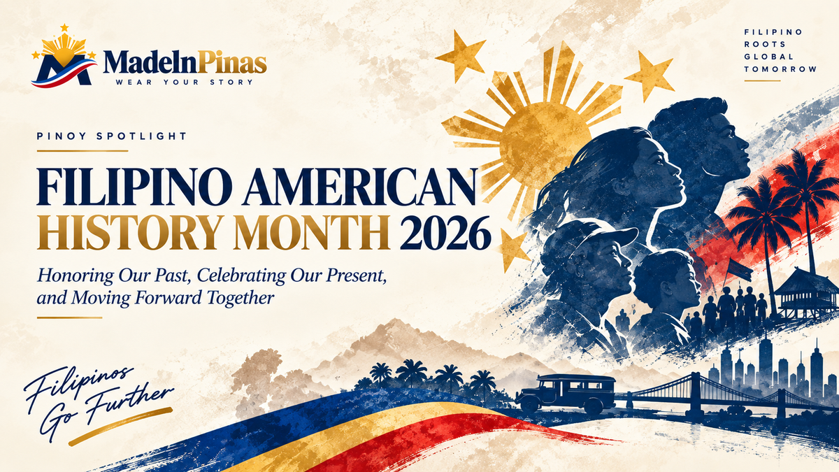 MadeInPinas Pinoy Spotlight illustration celebrating Filipino American History Month 2026, Filipino heritage, history, and community.