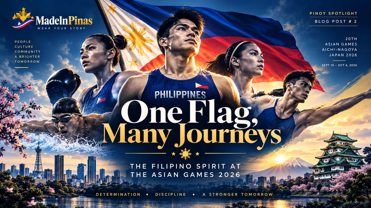 MadeInPinas Pinoy Spotlight illustration of Filipino athletes representing the Philippines at the 2026 Asian Games in Aichi-Nagoya, Japan.