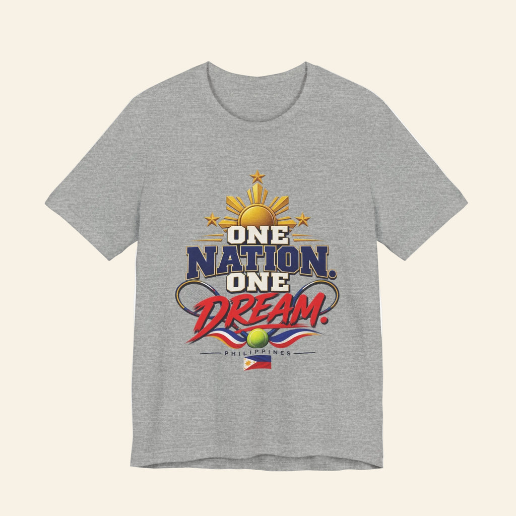 Gray One Nation One Dream T-shirt with Philippine sun and flag graphic
