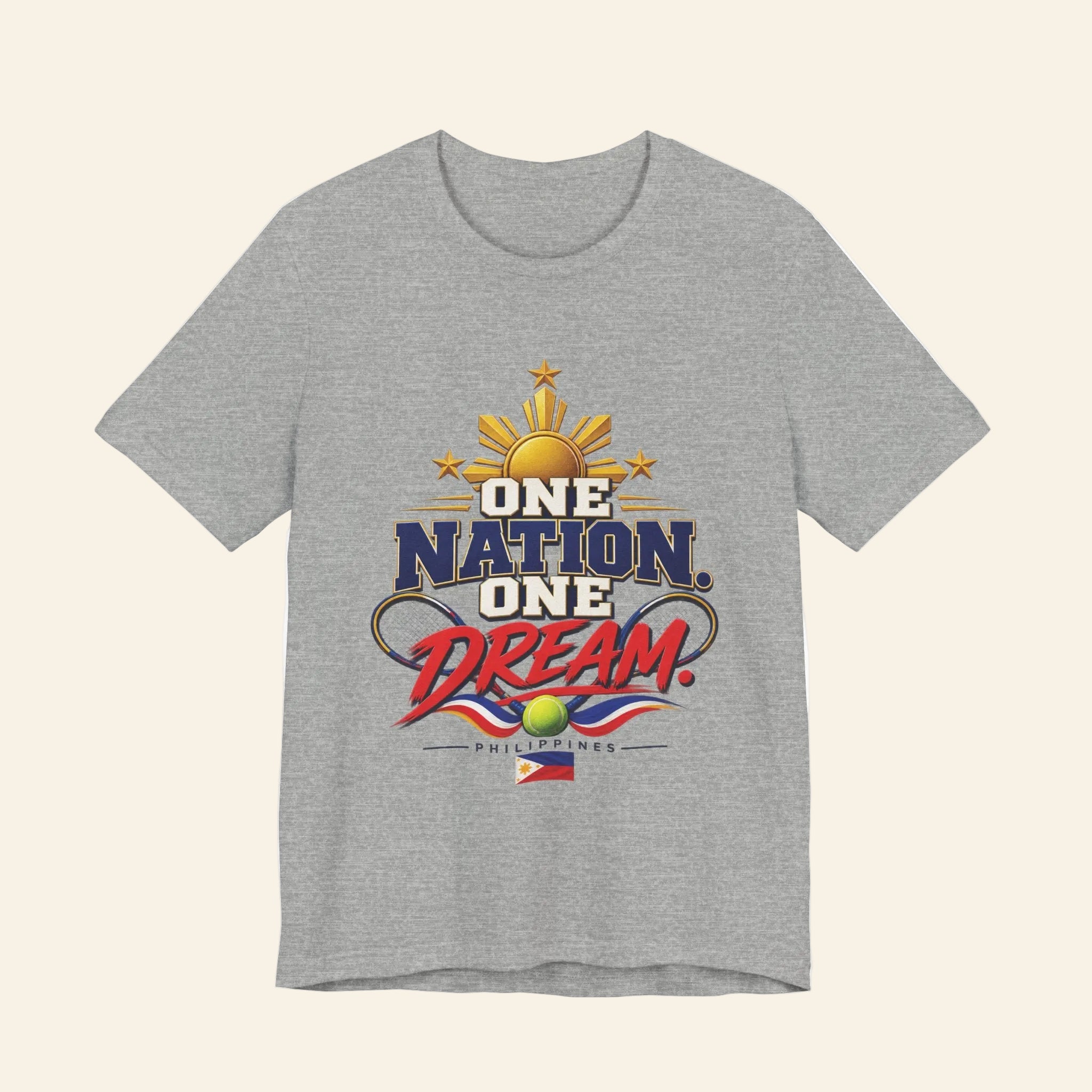 Gray One Nation One Dream T-shirt with Philippine sun and flag graphic