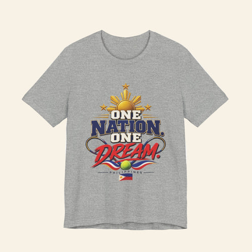 Gray One Nation One Dream T-shirt with Philippine sun and flag graphic