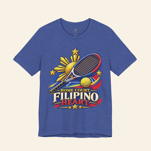 Blue Home Court Filipino Heart T-shirt with Philippine sun and tennis racket graphic