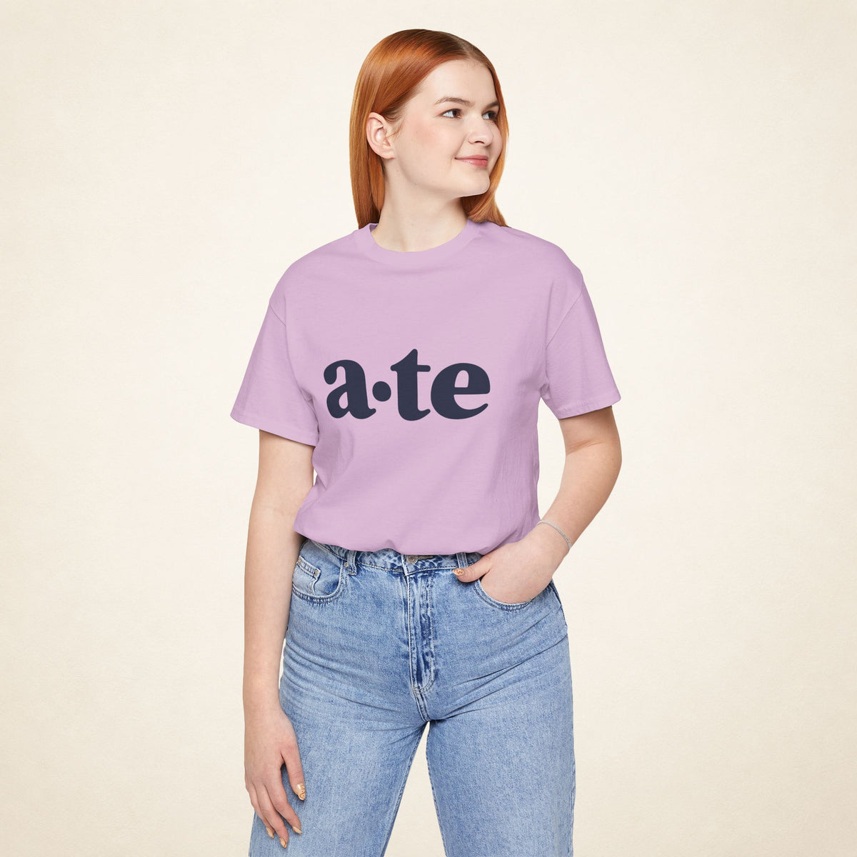 Model wearing the Lilac ATE Filipino T-shirt from MadeInPinas, front view showing a·te lettering.