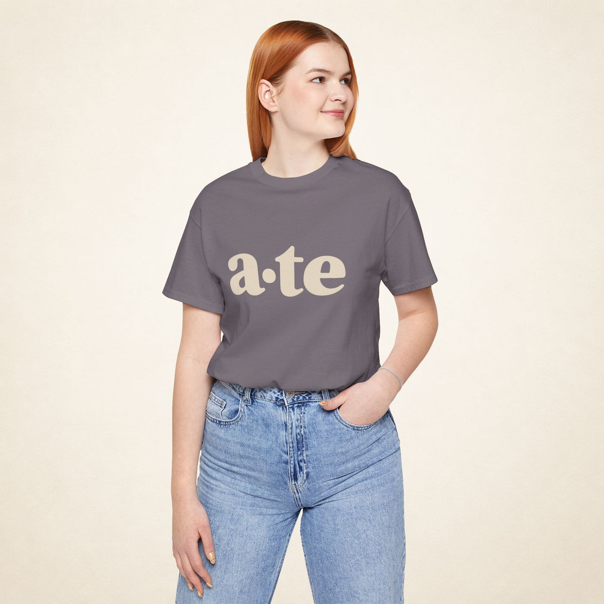 Model wearing the Storm ATE Filipino T-shirt from MadeInPinas, front view showing a·te lettering.