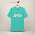 Teal MadeInPinas ATE Filipino T-shirt on a hanger, front view with minimalist a·te lettering.
