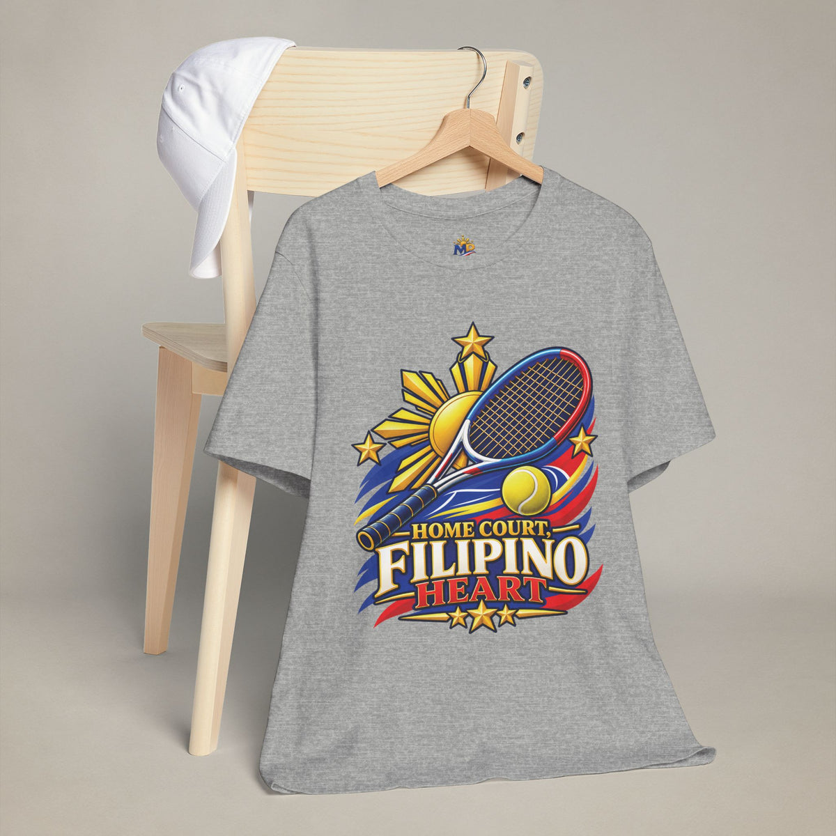 MadeInPinas Home Court, Filipino Heart Tee in Athletic Heather, hanging view 1