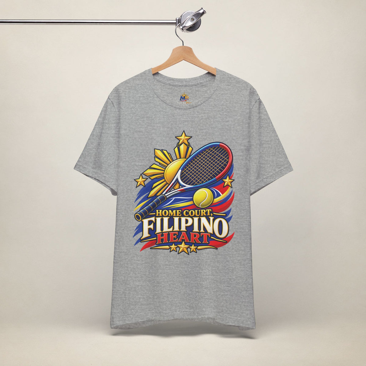 MadeInPinas Home Court, Filipino Heart Tee in Athletic Heather, hanging view 2