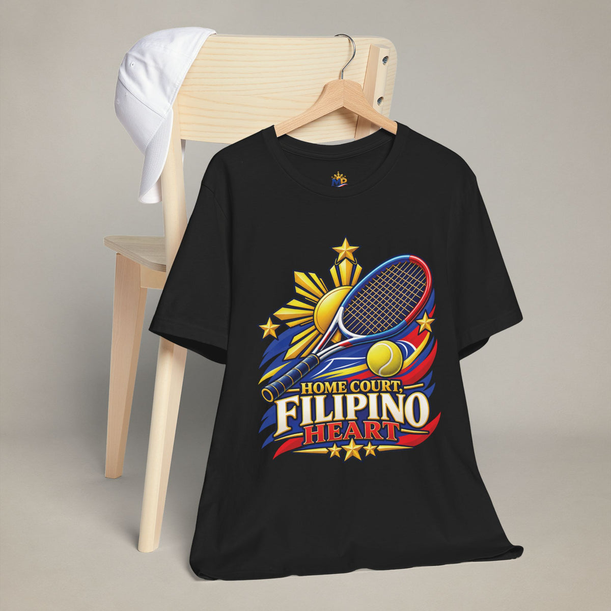 MadeInPinas Home Court, Filipino Heart Tee in Black, hanging view 1