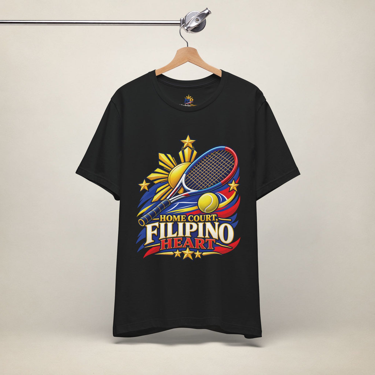 MadeInPinas Home Court, Filipino Heart Tee in Black, hanging view 2