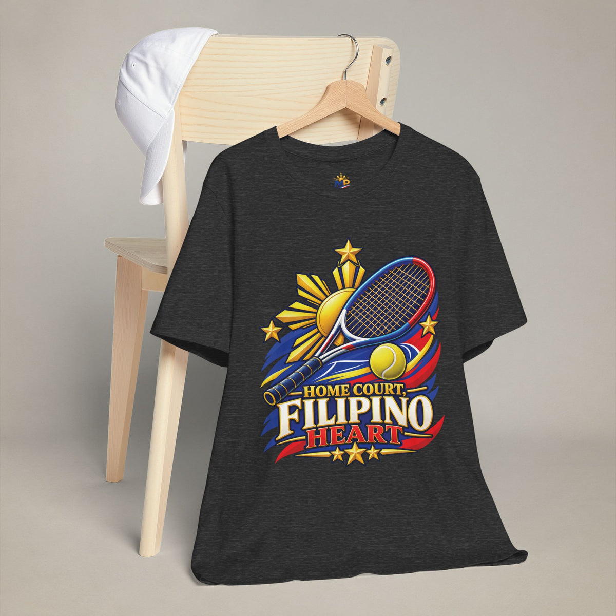 MadeInPinas Home Court, Filipino Heart Tee in Dark Grey Heather, hanging view 1