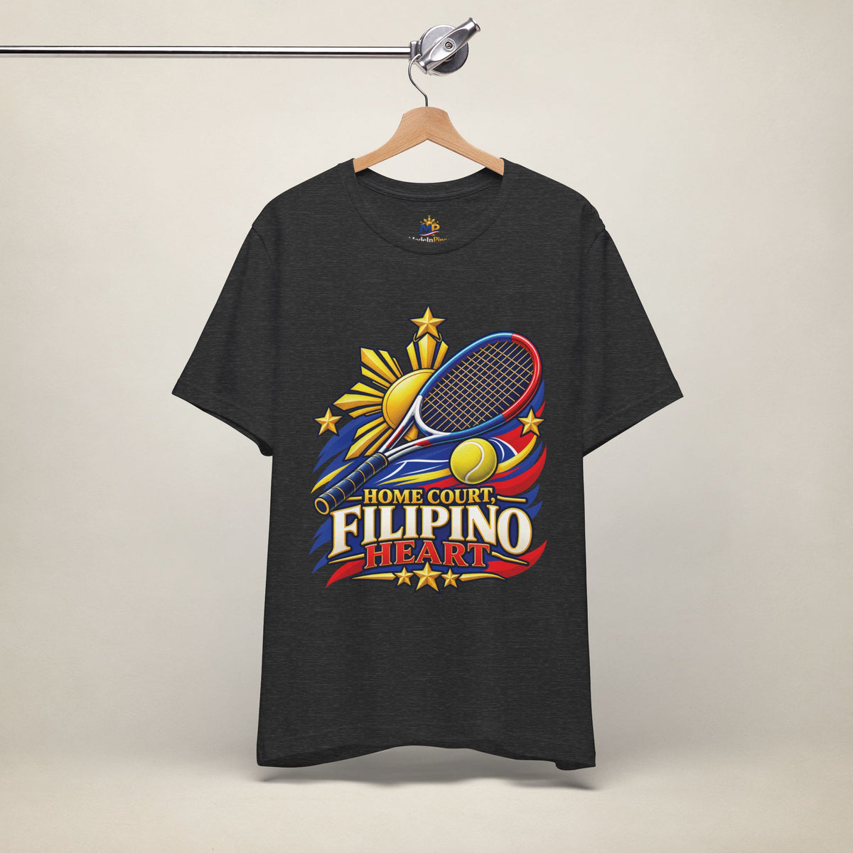 MadeInPinas Home Court, Filipino Heart Tee in Dark Grey Heather, hanging view 2