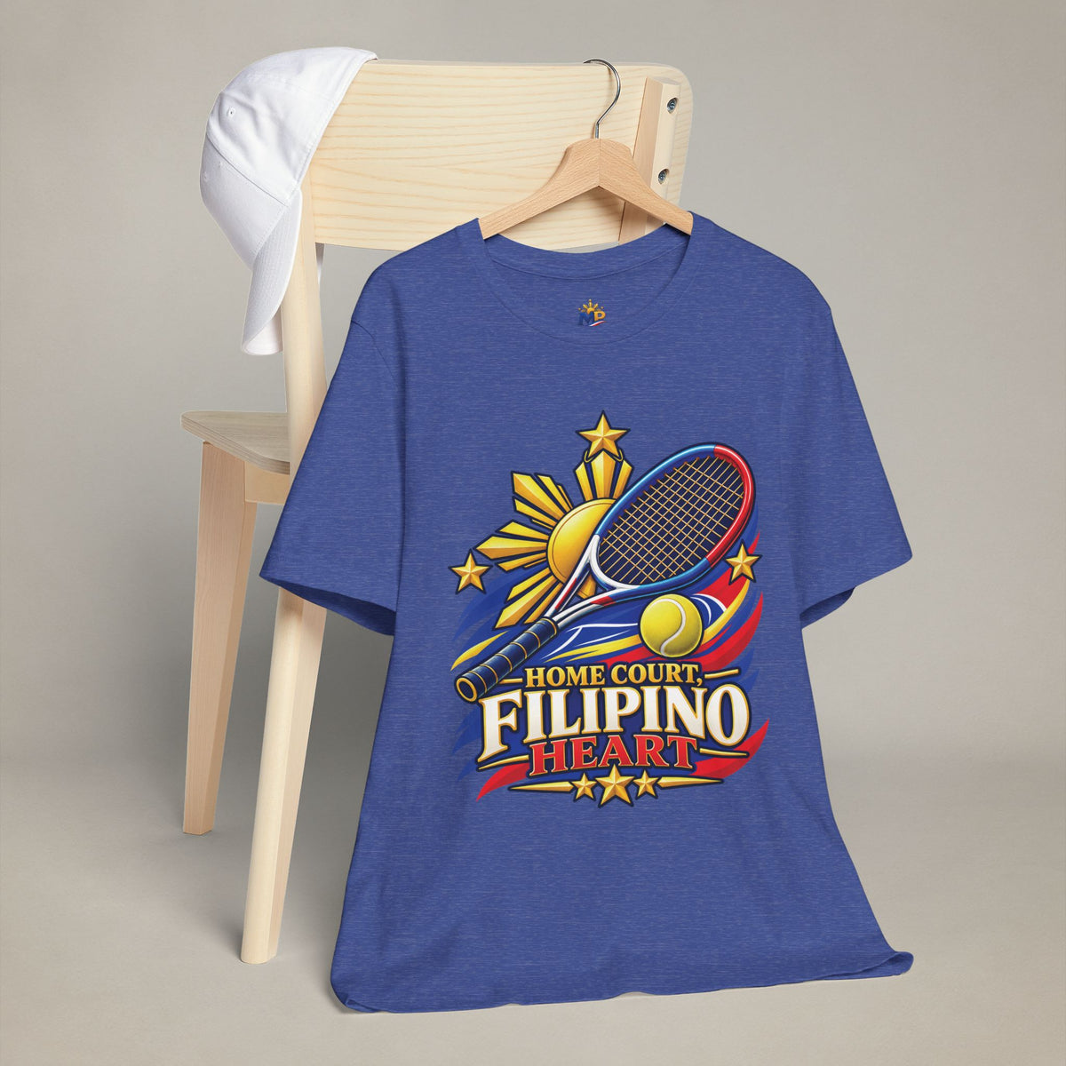 MadeInPinas Home Court, Filipino Heart Tee in Heather True Royal, hanging view 1