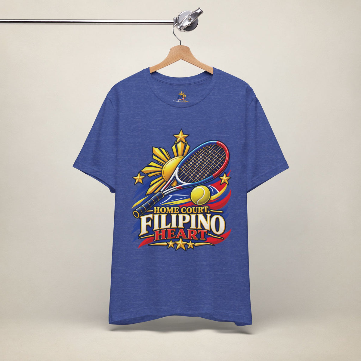 MadeInPinas Home Court, Filipino Heart Tee in Heather True Royal, hanging view 2