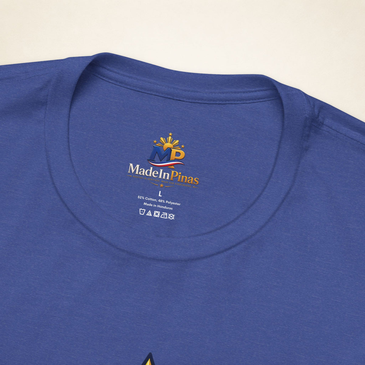 MadeInPinas Home Court, Filipino Heart Tee in Heather True Royal, inside collar detail