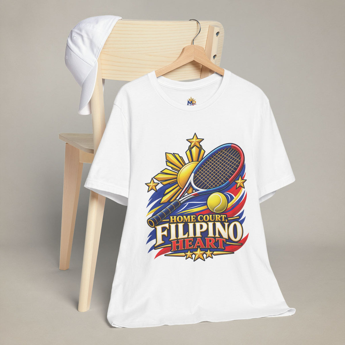 MadeInPinas Home Court, Filipino Heart Tee in White, hanging view 1