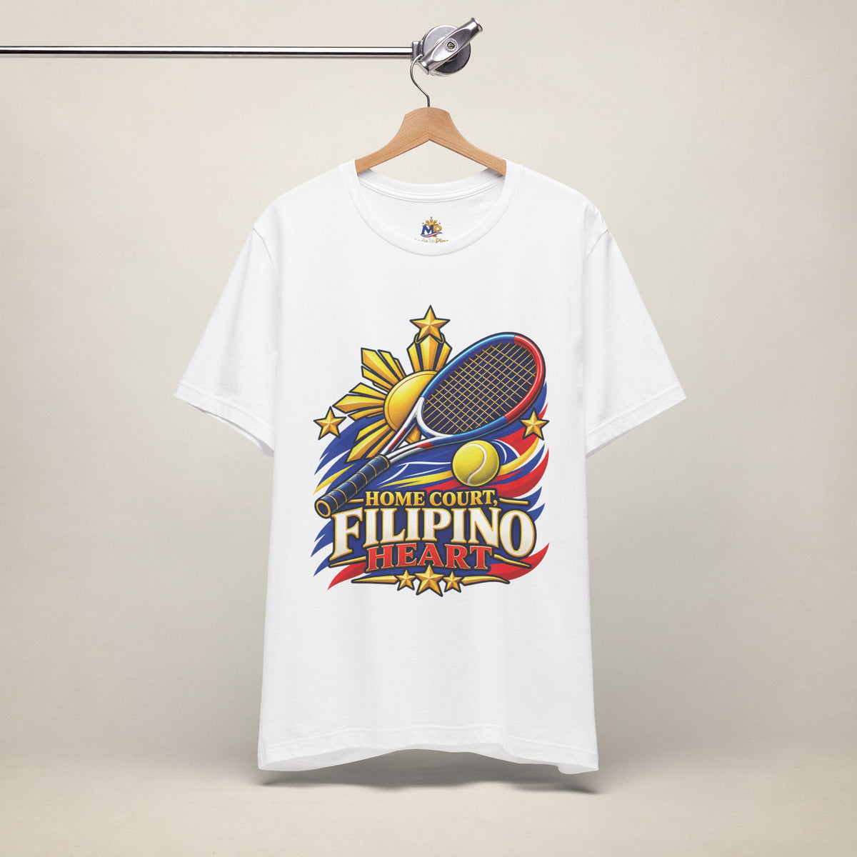 MadeInPinas Home Court, Filipino Heart Tee in White, hanging view 2