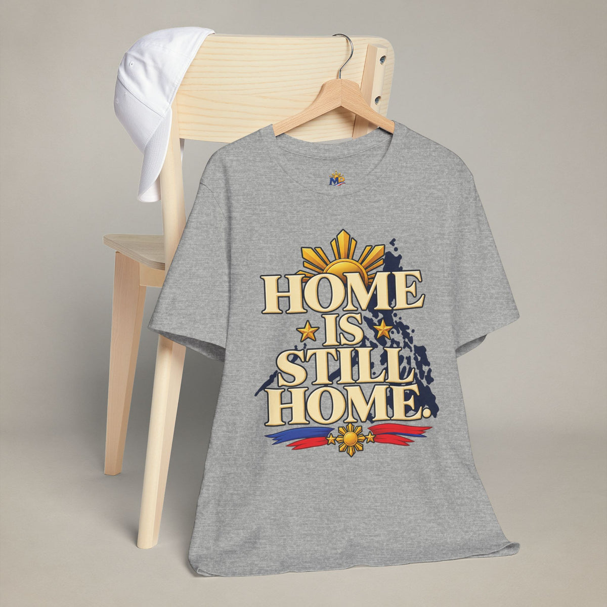 MadeInPinas Home Is Still Home Tee in Athletic Heather, hanging view 1