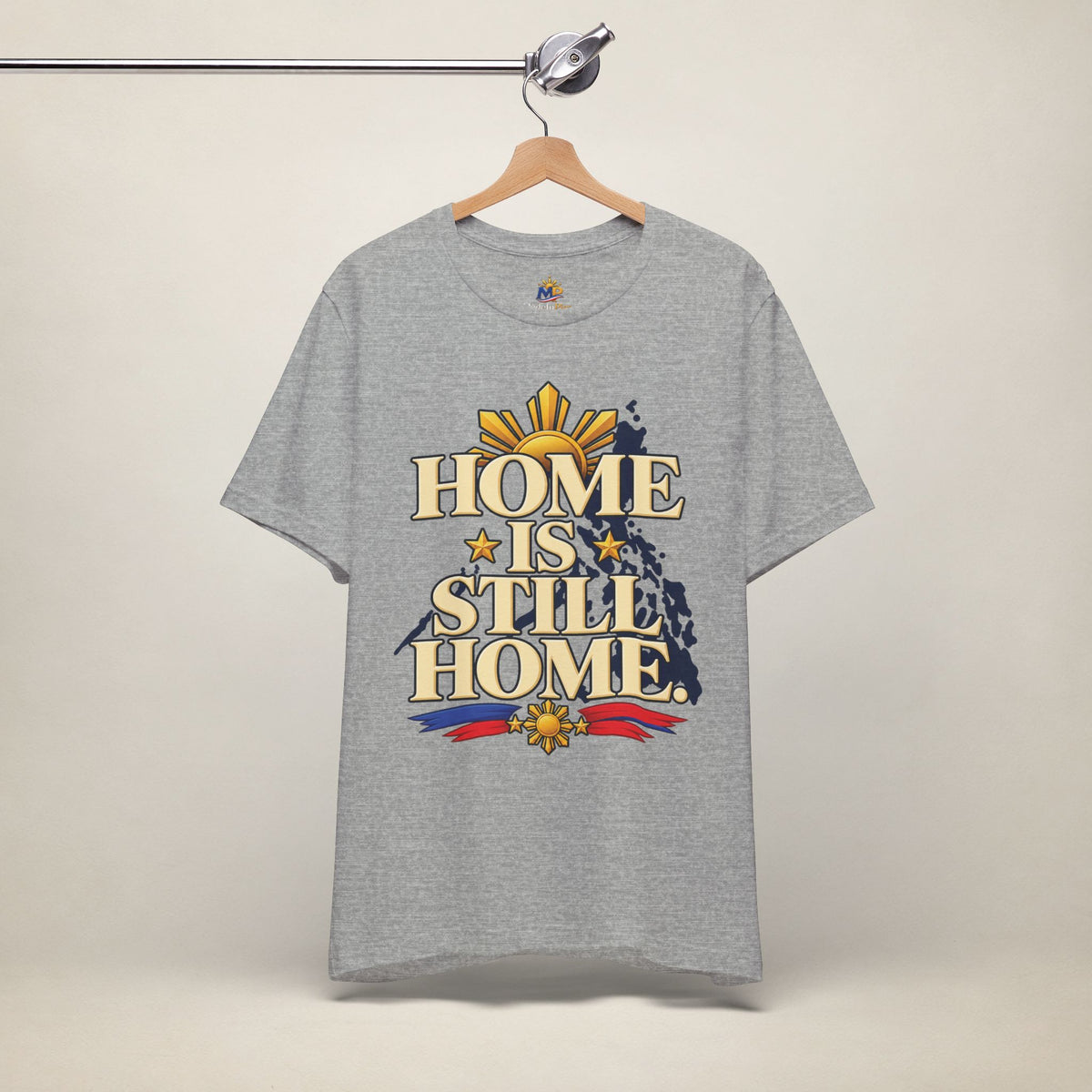 MadeInPinas Home Is Still Home Tee in Athletic Heather, hanging view 2