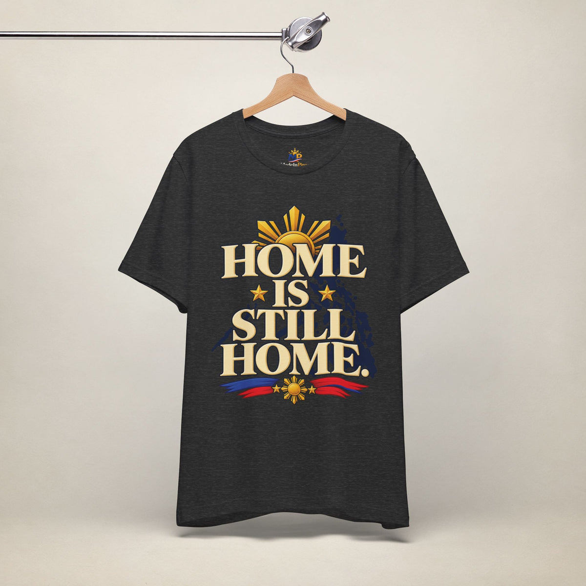 MadeInPinas Home Is Still Home Tee in Dark Grey Heather, hanging view 2