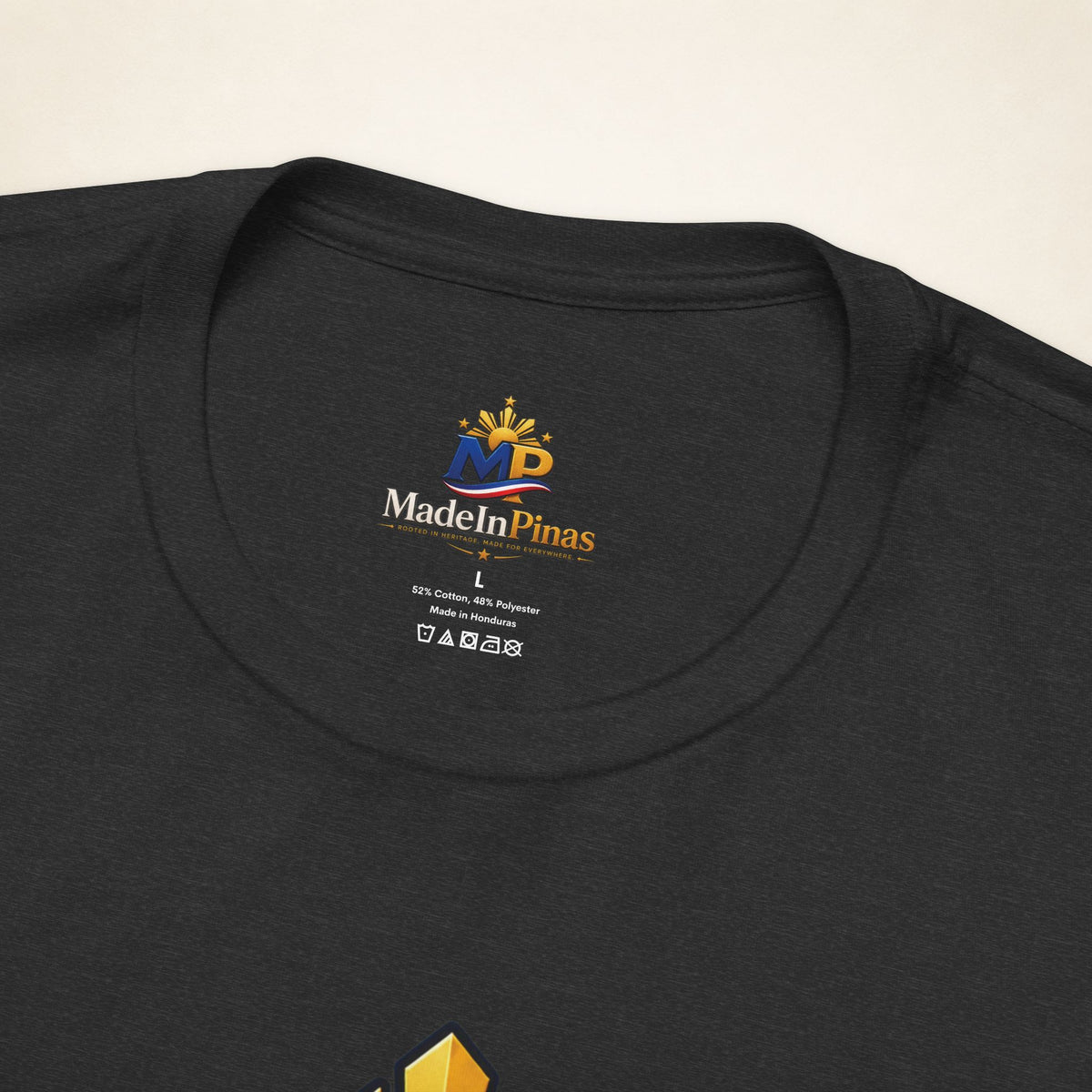 MadeInPinas Home Is Still Home Tee in Dark Grey Heather, printed inner-neck label close-up