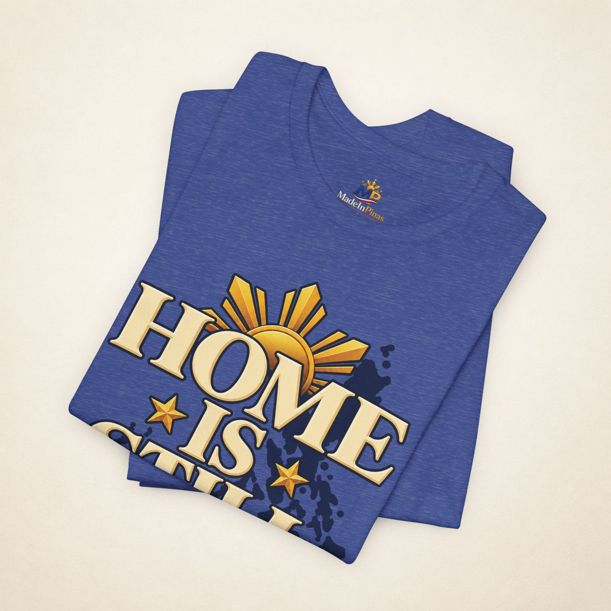 MadeInPinas Home Is Still Home Tee in Heather True Royal, folded view