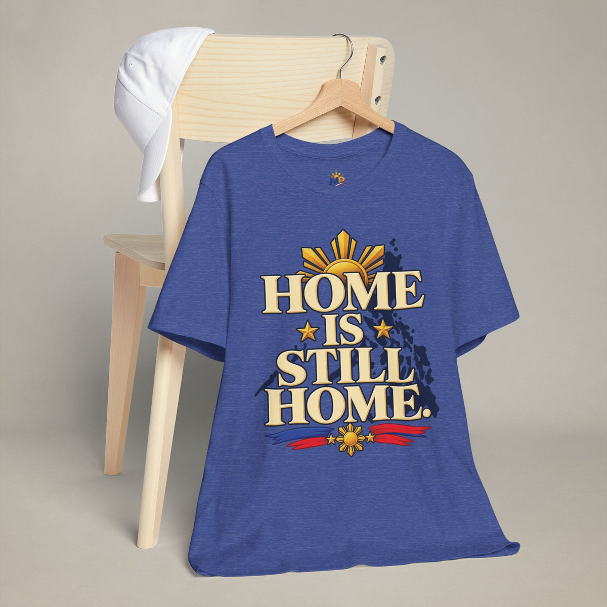 MadeInPinas Home Is Still Home Tee in Heather True Royal, hanging view 1