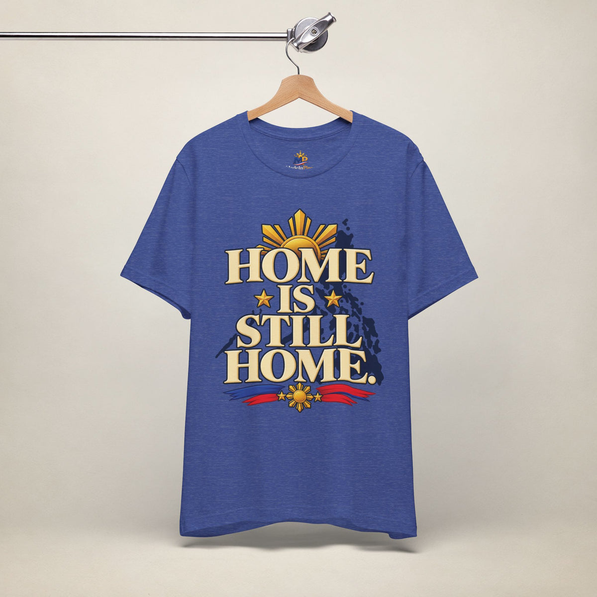 MadeInPinas Home Is Still Home Tee in Heather True Royal, hanging view 2