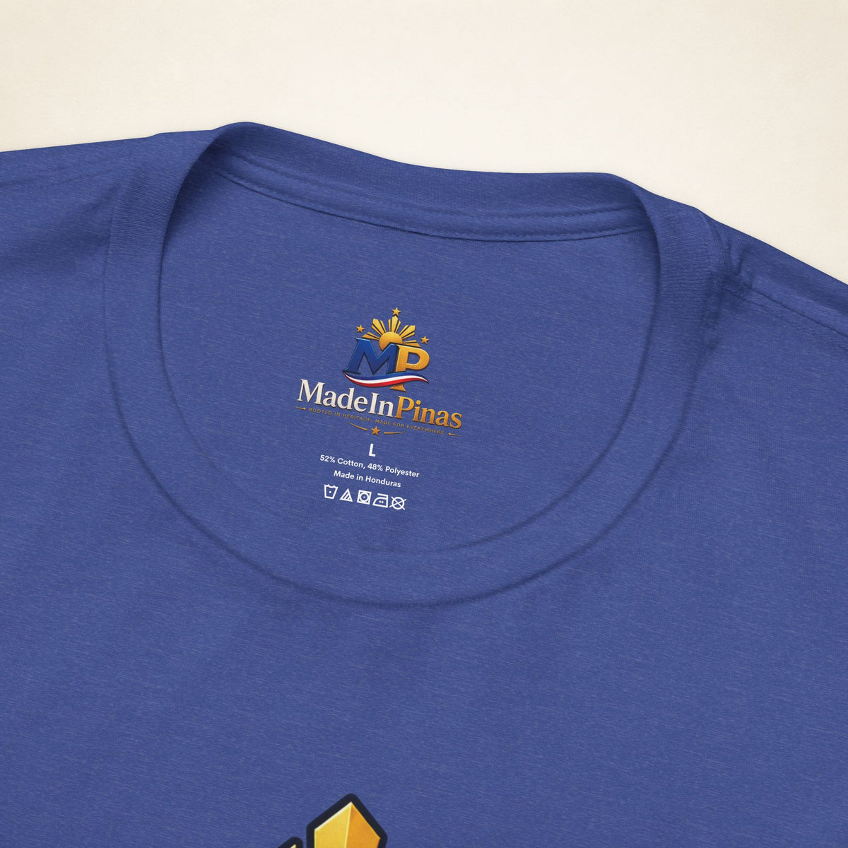 MadeInPinas Home Is Still Home Tee in Heather True Royal, printed inner-neck label close-up