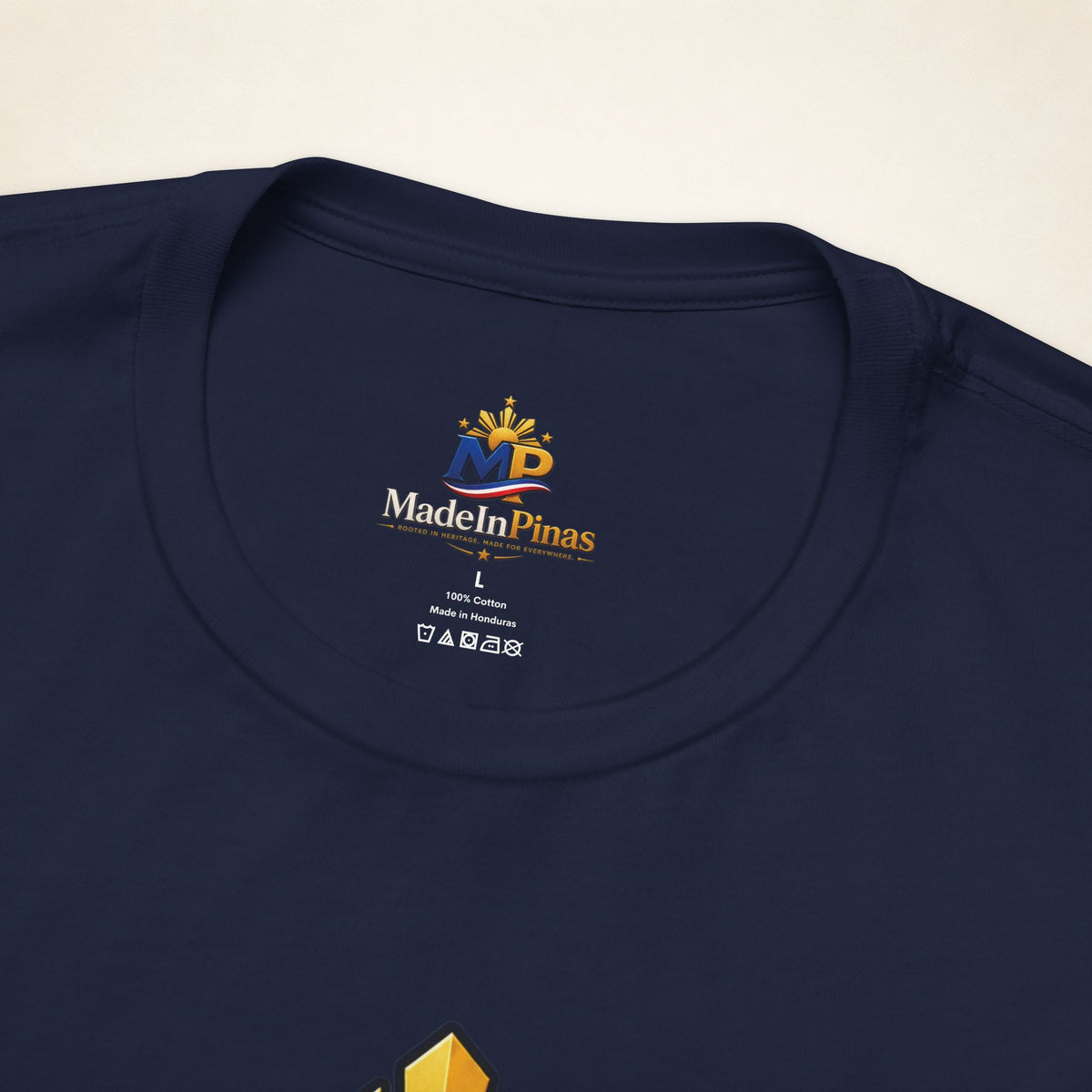 MadeInPinas Home Is Still Home Tee in Navy, printed inner-neck label close-up