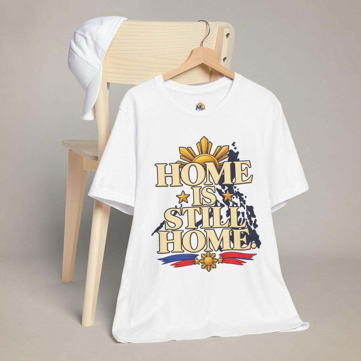 MadeInPinas Home Is Still Home Tee in White, hanging view 1