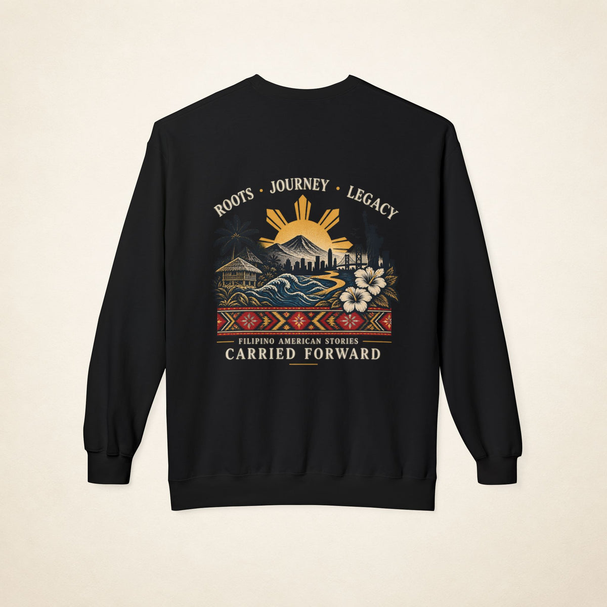 Back view of the black PAGSULONG Filipino American heritage crewneck sweatshirt featuring colorful commemorative artwork celebrating Filipino American stories, roots, journey, and legacy.