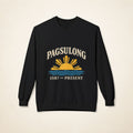 MadeInPinas PAGSULONG Filipino American heritage crewneck sweatshirt in Black, front view featuring a golden Philippine sun, blue waves, and 1587–PRESENT artwork.