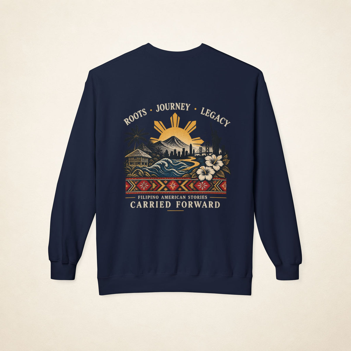 Back view of the navy PAGSULONG Filipino American heritage crewneck sweatshirt featuring a colorful design honoring Filipino American history, community, and cultural legacy.