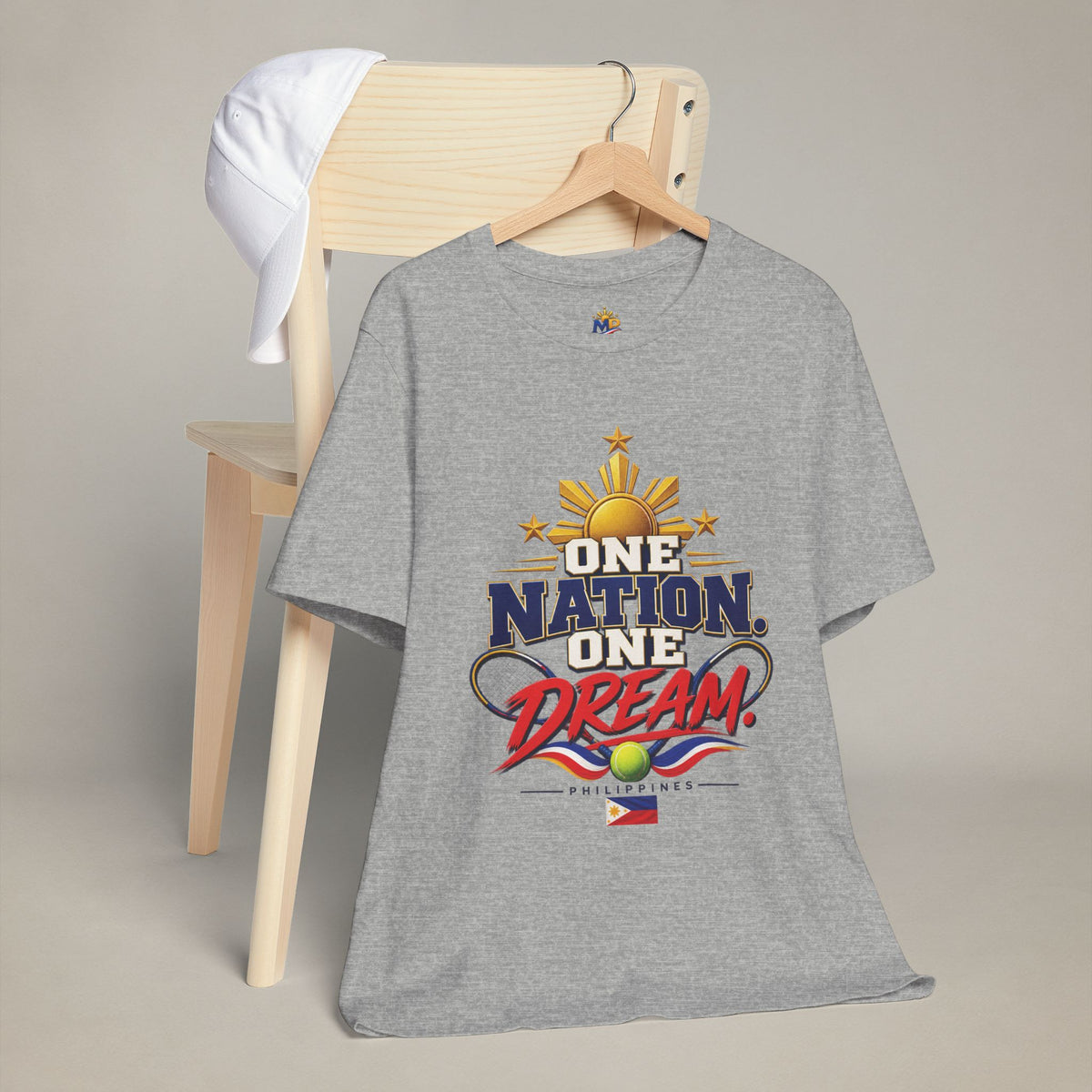 MadeInPinas One Nation, One Dream Tee in Athletic Heather, hanging view 1