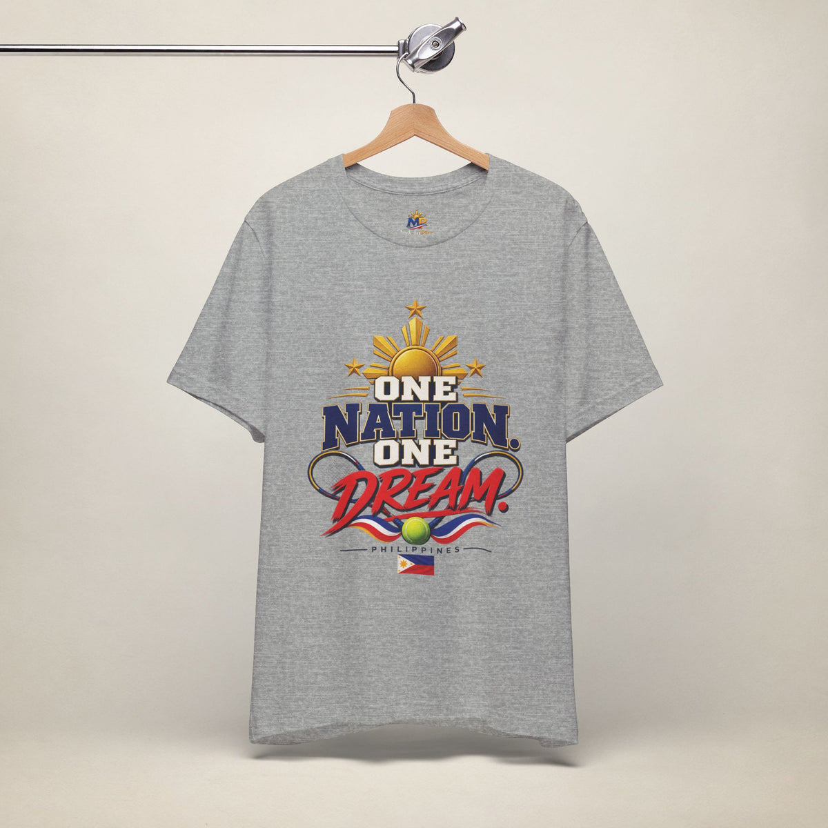 MadeInPinas One Nation, One Dream Tee in Athletic Heather, hanging view 2