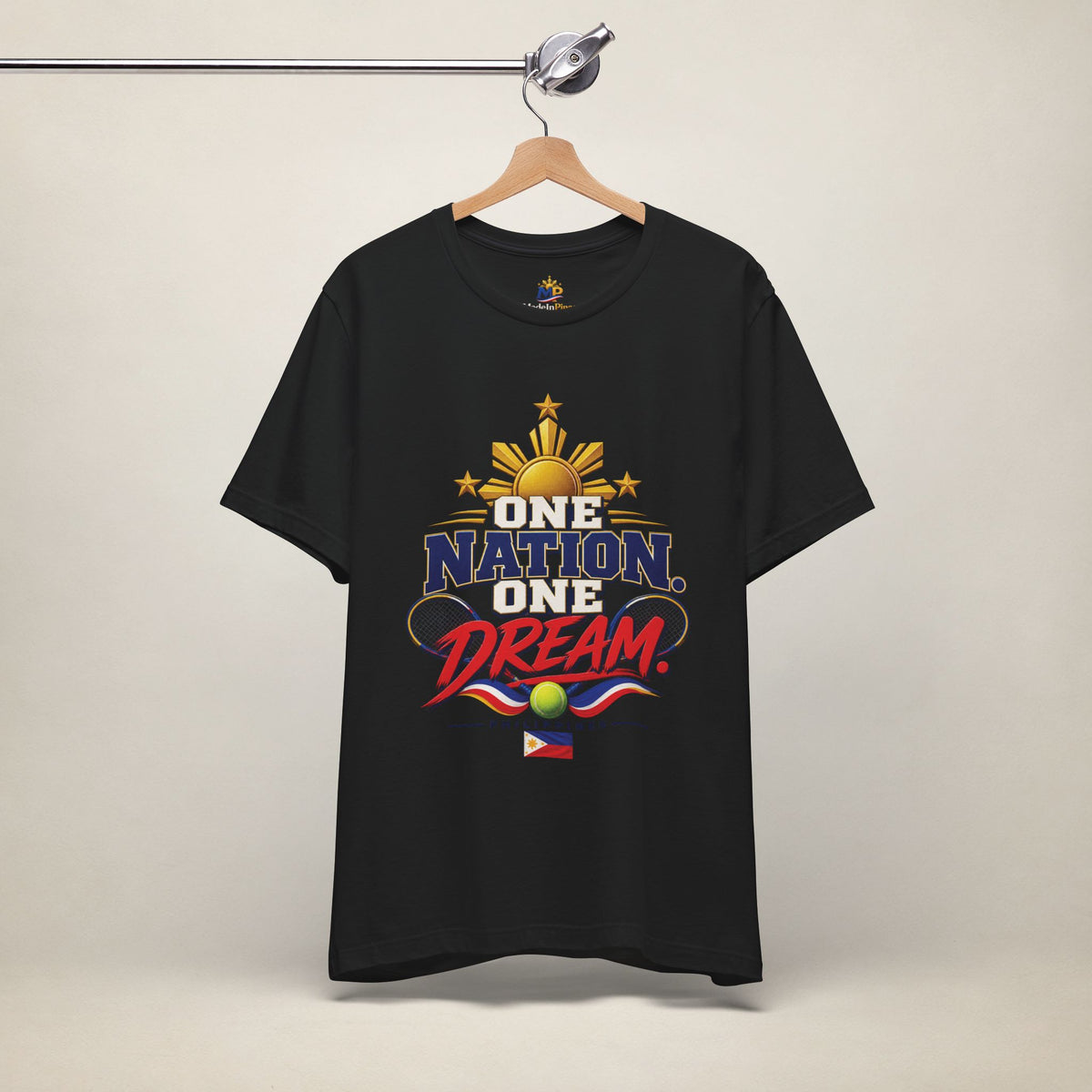 MadeInPinas One Nation, One Dream Tee in Black, hanging view 2