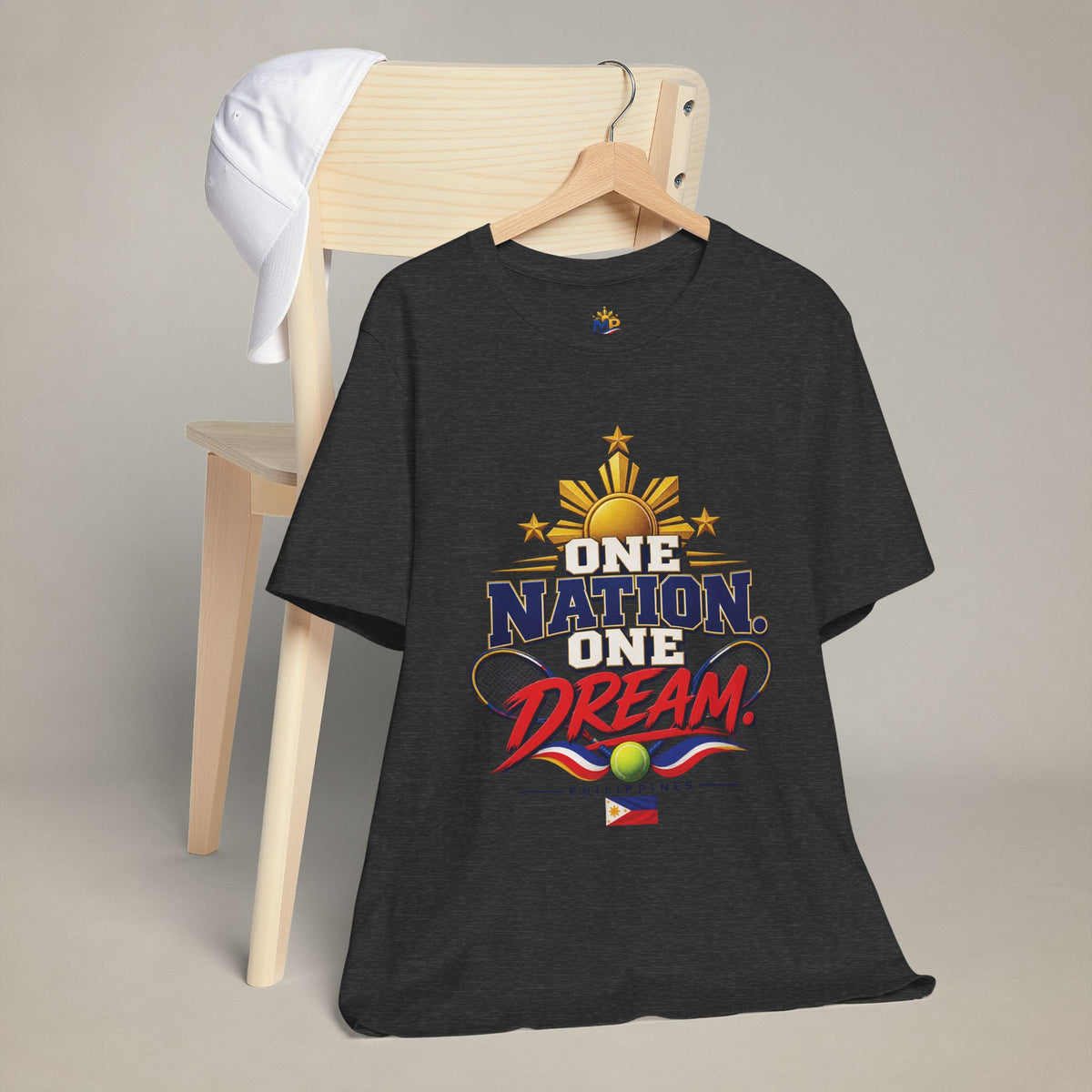 MadeInPinas One Nation, One Dream Tee in Dark Grey Heather, hanging view 1