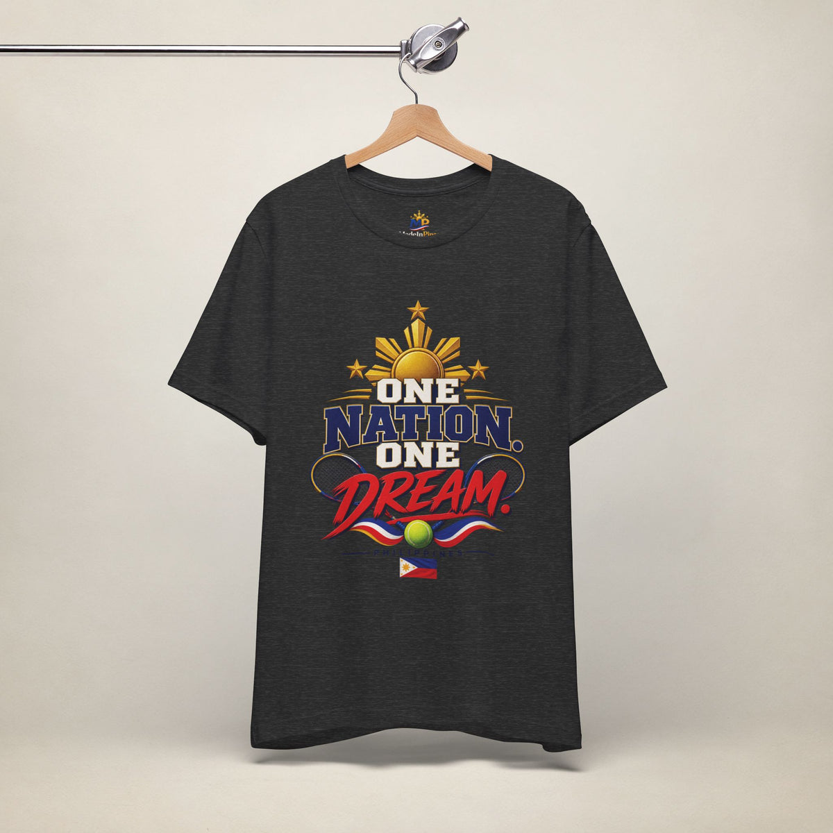 MadeInPinas One Nation, One Dream Tee in Dark Grey Heather, hanging view 2