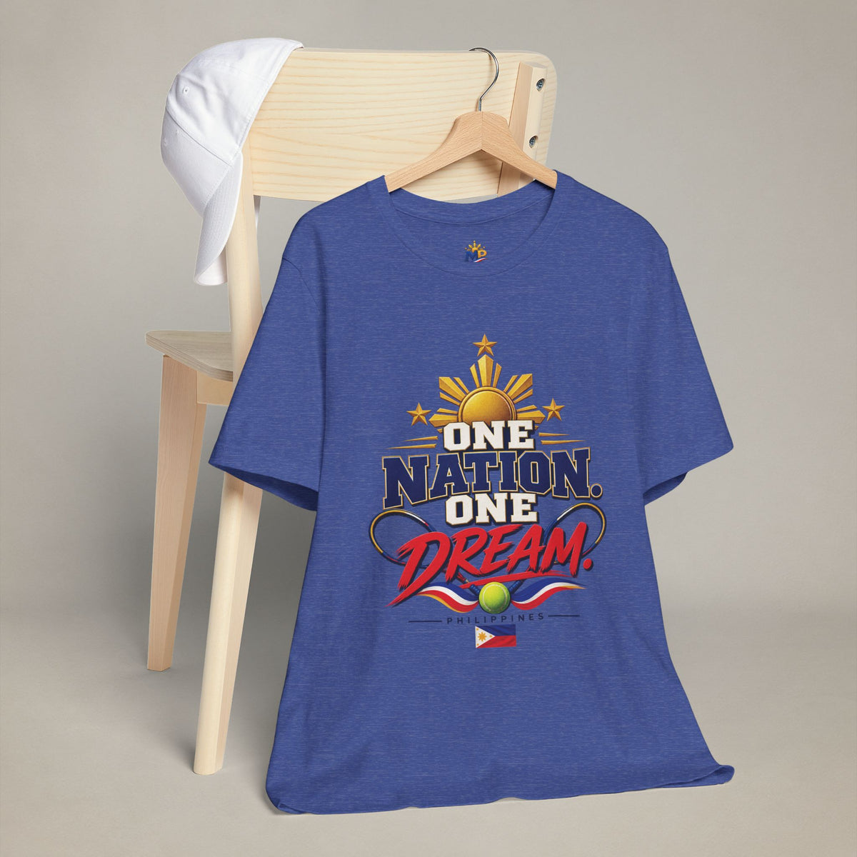 MadeInPinas One Nation, One Dream Tee in Heather True Royal, hanging view 1