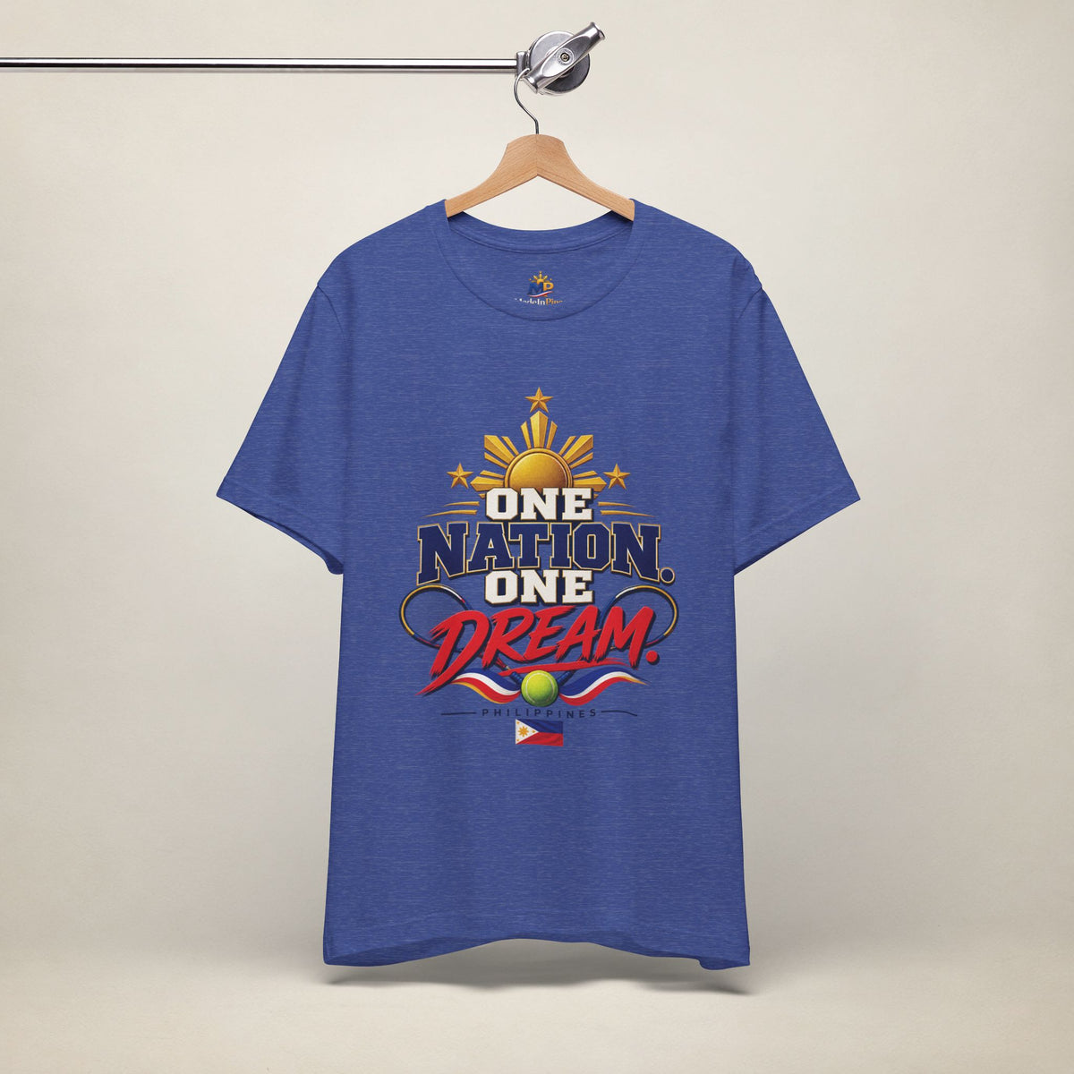 MadeInPinas One Nation, One Dream Tee in Heather True Royal, hanging view 2