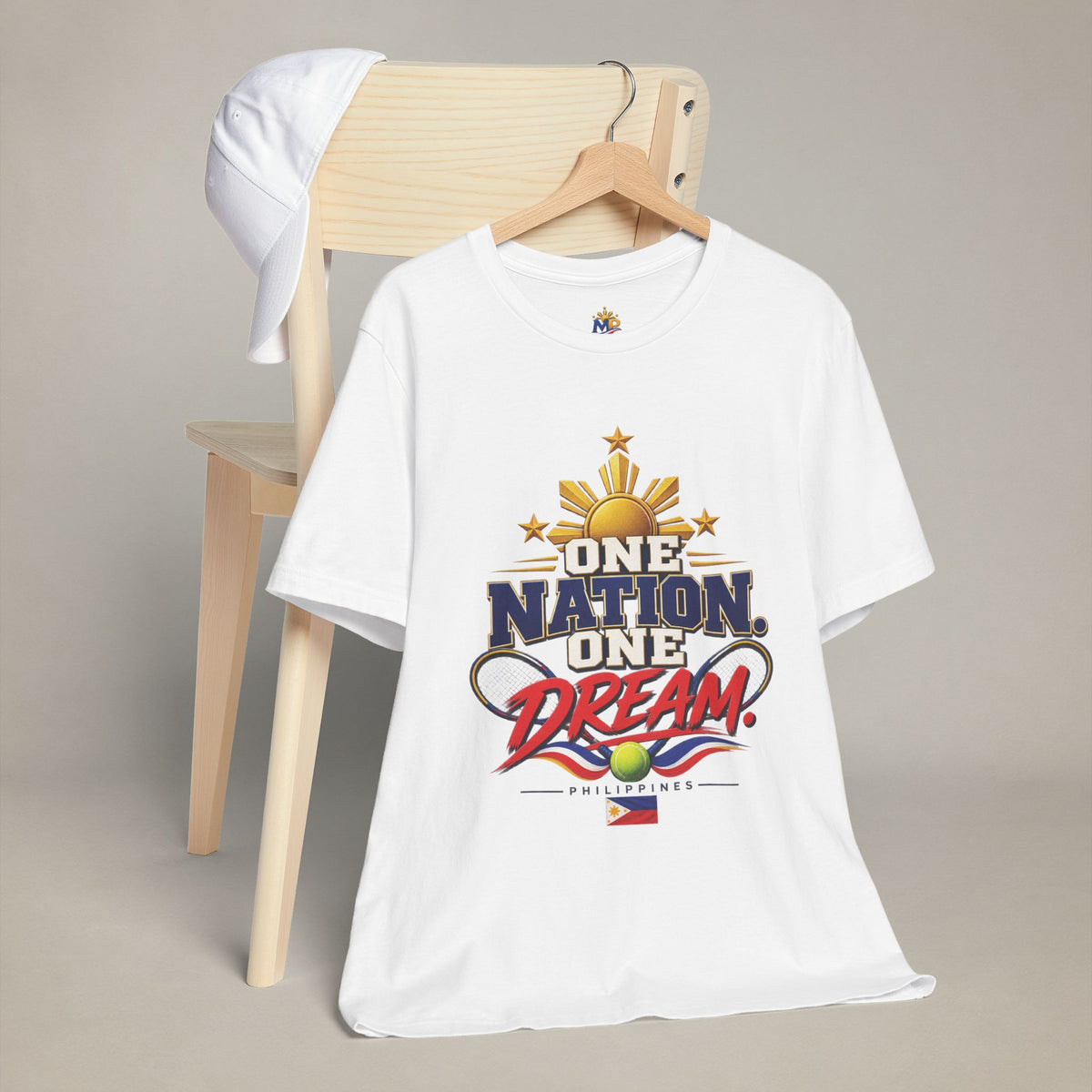MadeInPinas One Nation, One Dream Tee in White, hanging view 1